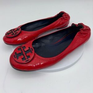 TORY BURCH Red Reva Ballet Flat Patent Leather Shoe Logo Slip On Office Round‎ 7